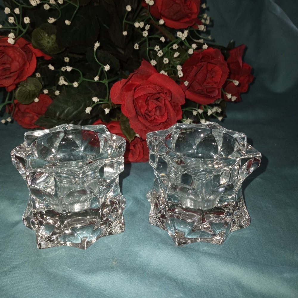 Glass Candleholders 1 Pair Holds Tapers‎ Or Votives 8 Pointed Star Shape 3"×2.5"